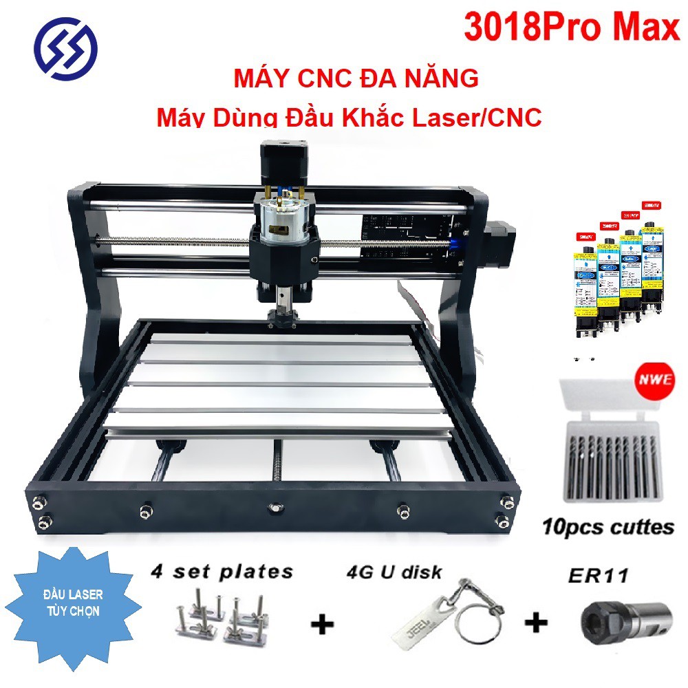 Máy phay gỗ CNC 3018 ProBM ( Laser Tùy chọn)  + 10pcs mũi phay PCB + 4 set plates + ER11+ (mẫu năm 2021)