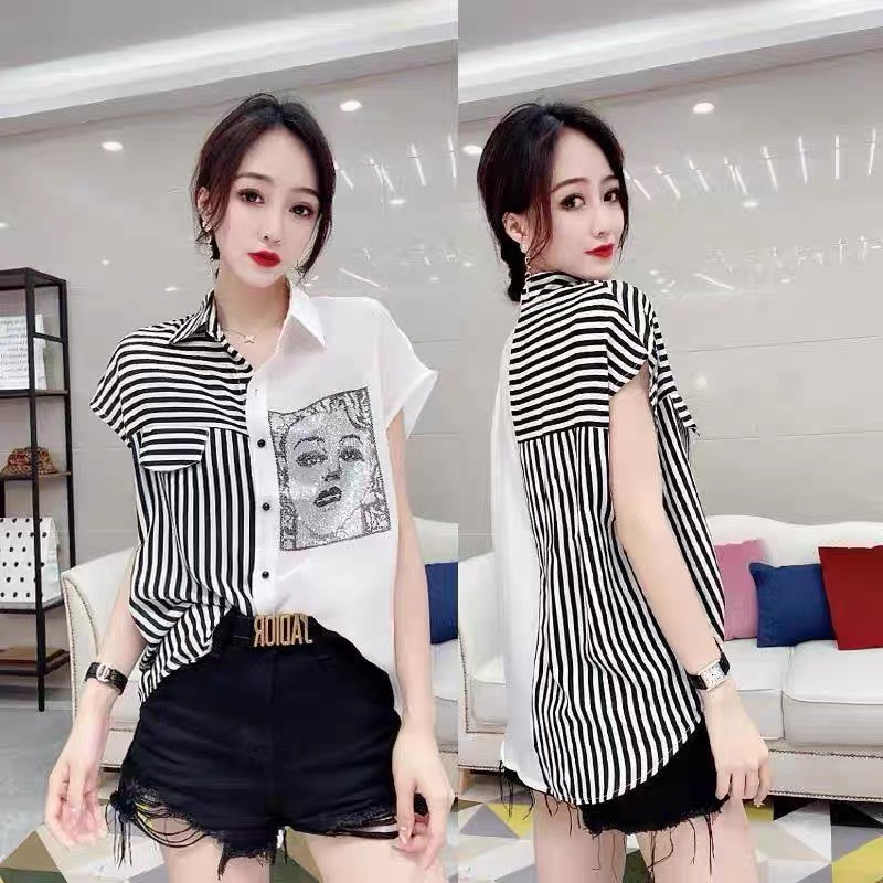 Áo sơ mi nữ phối kẻ hiện đại , cá tính xu hướng 2022 , dáng cánh dơi nhẹ , chất liệu lụa cát hàn siêu mát