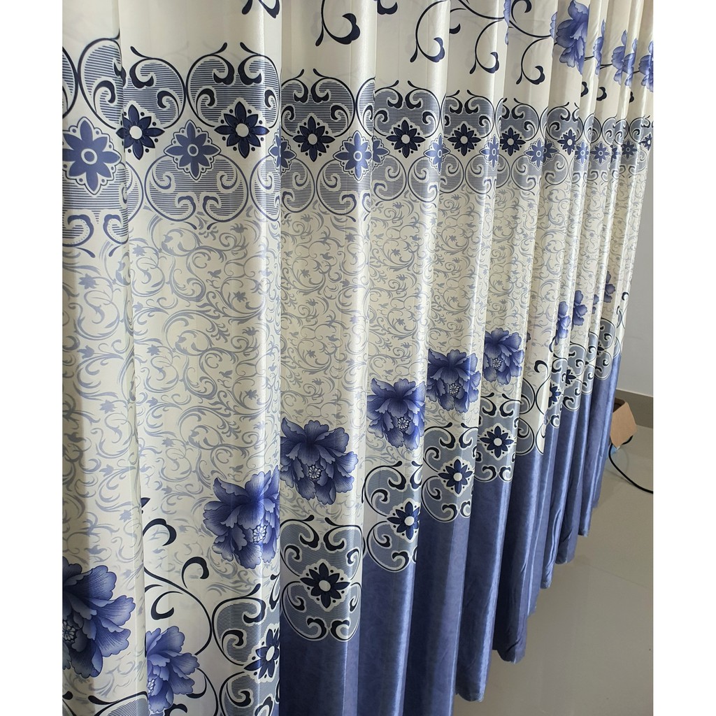 Rèm cửa chính, rèm cửa đi, chống nắng cao cấp, vải dày 2 mặt, họa tiết hoa mẫu đơn xanh TNS-048