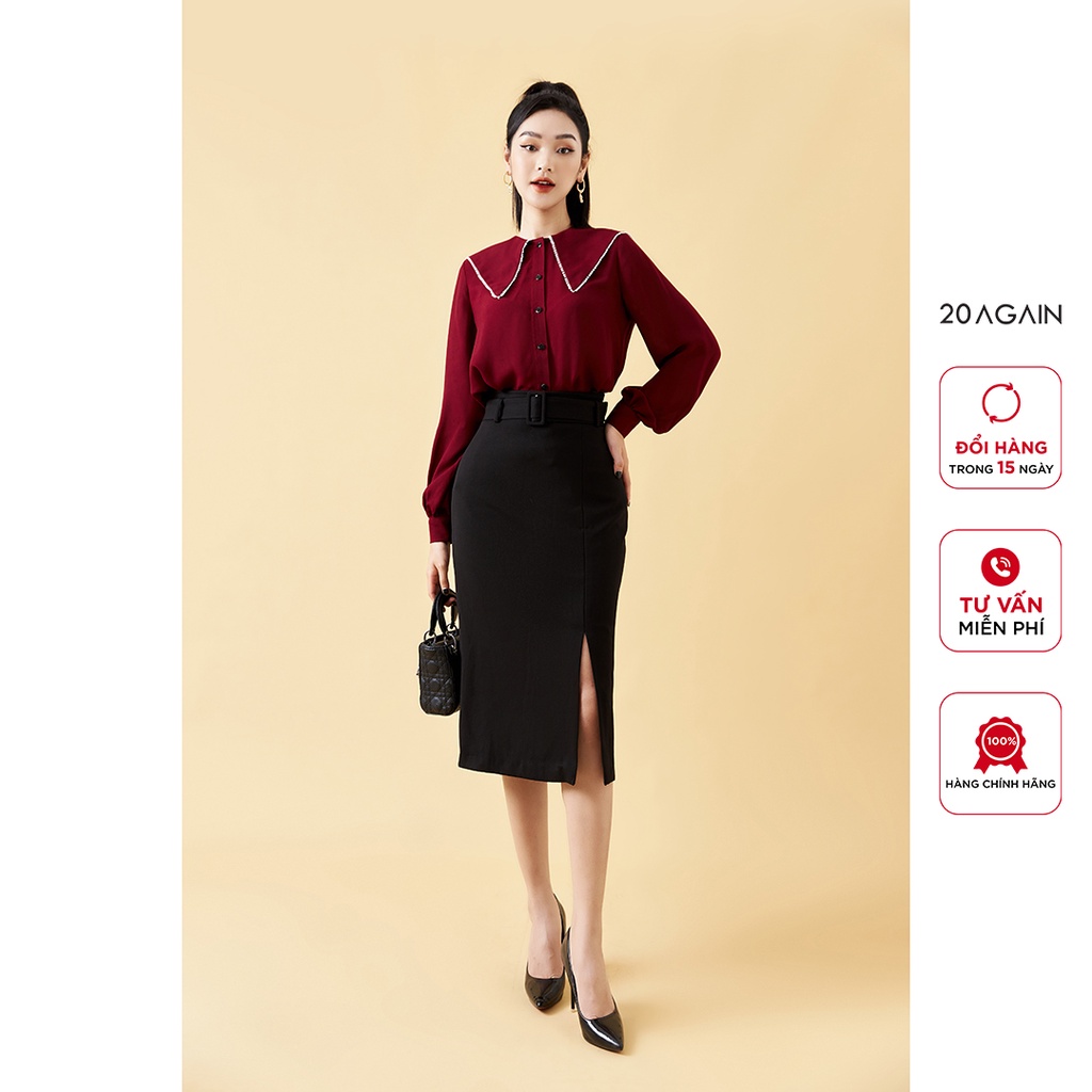 Áo sơ mi nữ dài tay cổ viền ren 20AGAIN,  thiết kế công sở thanh lịch, vải voan gân cao cấp ASA1922