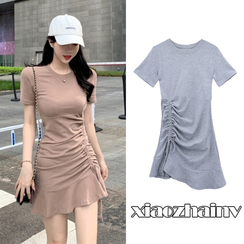 Xiaozhainv Đầm tay ngắn phối dây rút màu trơn phong cách Hàn Quốc | BigBuy360 - bigbuy360.vn