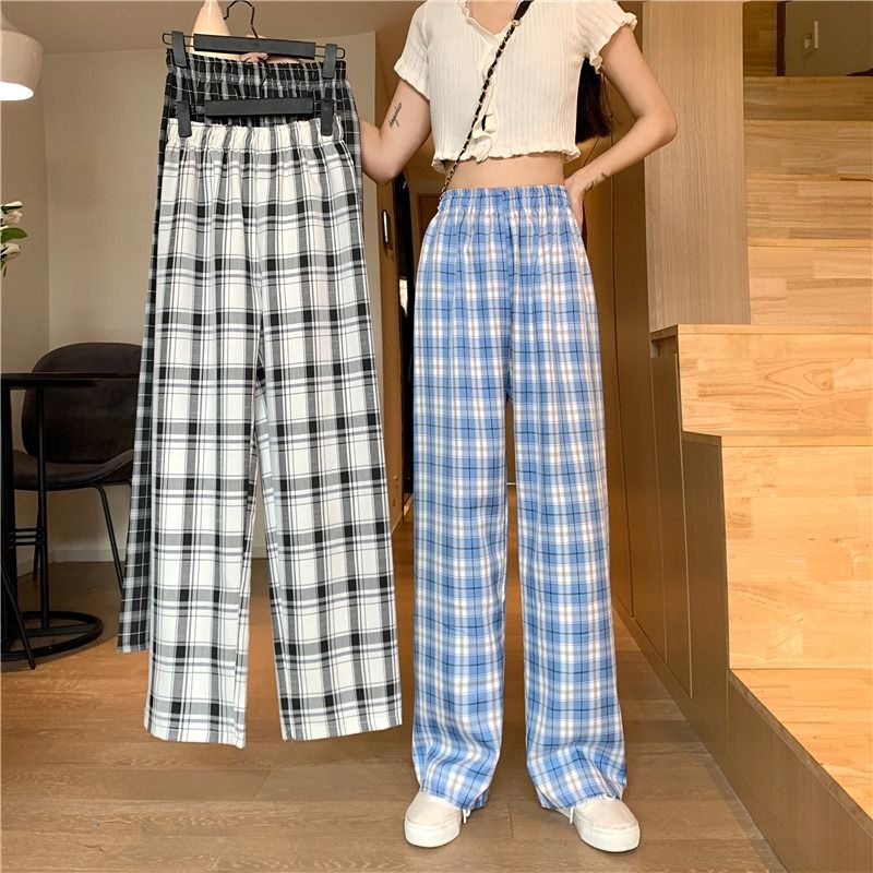 Quần Dài Ống Rộng Họa Tiết Sọc Caro Màu Tương Phản Thời Trang Phong Cách Hàn Quốc Size S-4xl