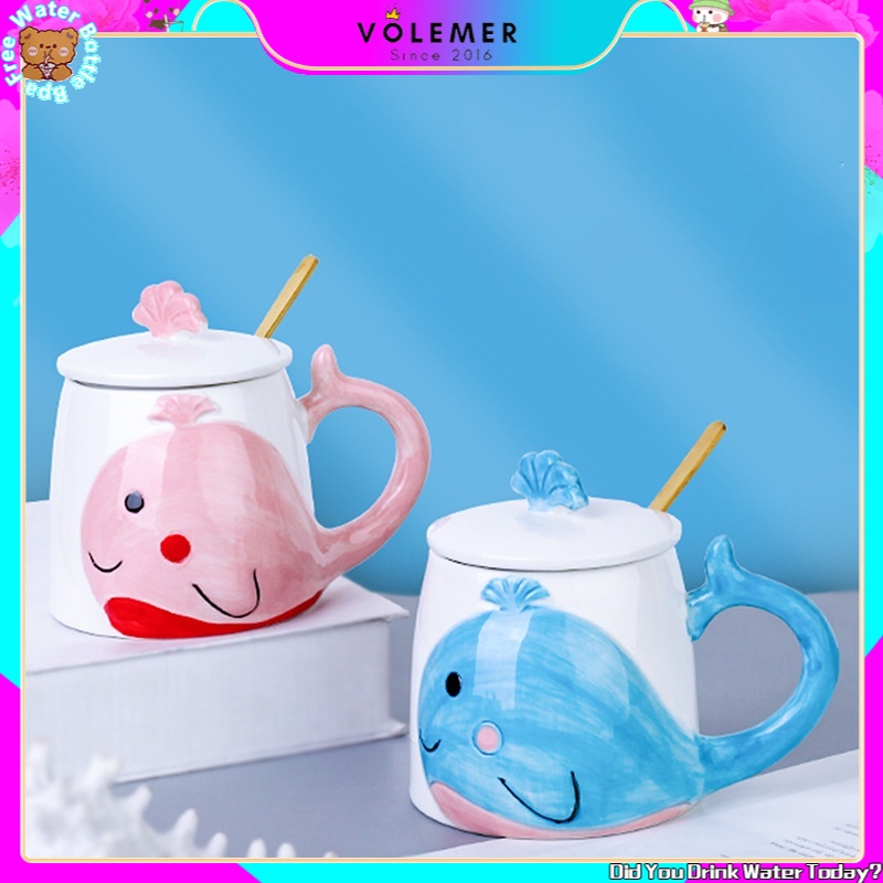 Cốc sứ uống nước sức chứa lớn có nắp + muỗng Volemer hình cá voi dễ thương cho cặp đôi