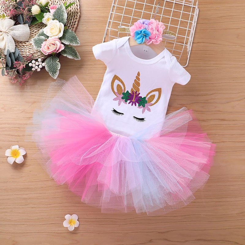 Combo bộ đồ bé gái 0-24 tháng tay ngắn Unicorn bodysuit váy set mùa hè thời trang cho bé trẻ em sơ sinh