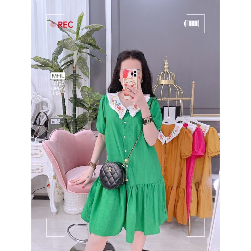 Đầm suông babydoll cổ thêu hoa, Đầm suông cổ áo thêu hoa