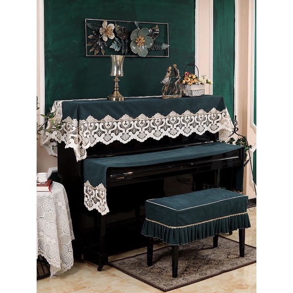 Bộ Khăn Phủ Piano Bông Xanh kết Ren Trắng Cao Cấp