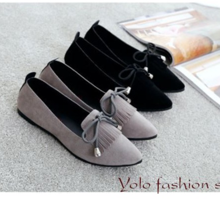 [OD17] Giày lười slip on nữ đế bằng da lộn đính nơ xinh xắn hàng QC cao cấp