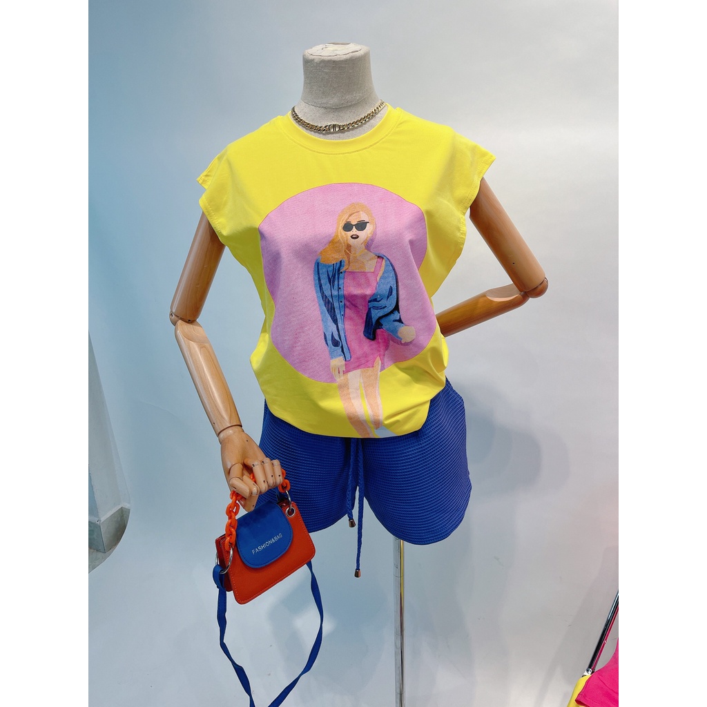 Áo thun nữ kiểu trễ vai in hình Girl Pink dress 2 màu hồng và vàng tươi chất  cotton 100% siêu mát mịn