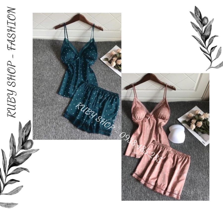 Bộ Ngủ Mặc Nhà Họa Tiết Chấm Bi Chất Lụa Satin Cao Cấp Thương Hiệu Ruby shop V36 - Hàng Cao Cấp