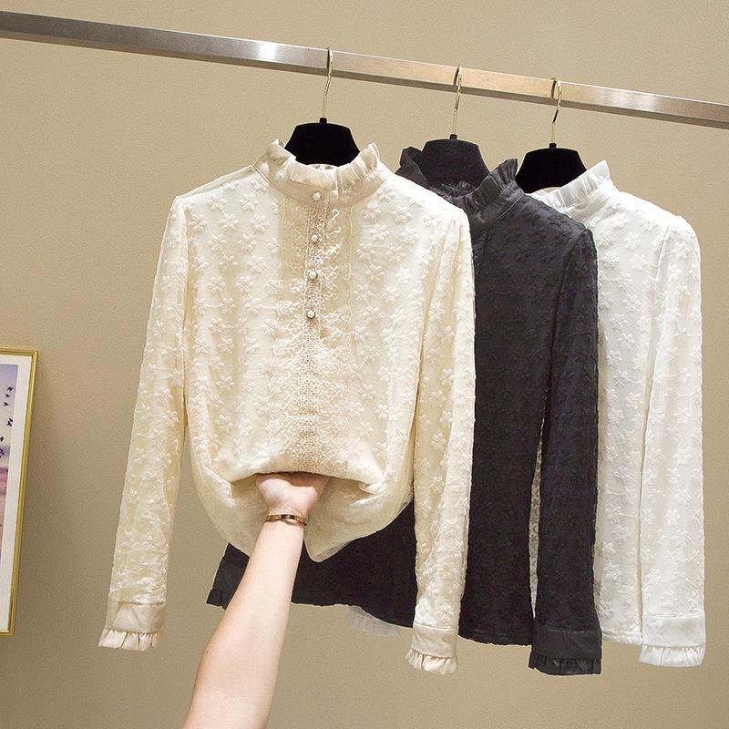 Áo ren tay dài phối nhung dày dặn thêu họa tiết thời trang thu đông cho nữ | BigBuy360 - bigbuy360.vn