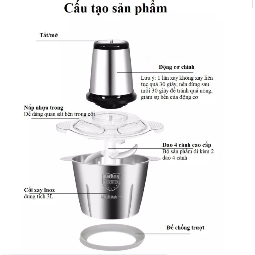 Máy Xay Thịt Đa Năng Cối 2L Inox 304,4 Lưỡi Dao Thép Không Gỉ,Say Sinh Tố Thịt, Cá, Rau Củ Hoa Quả (CHẤT LƯỢNG CAO)