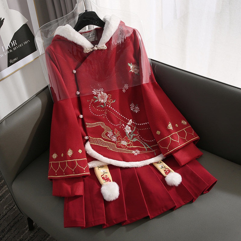 Bộ áo tay dài có nón và chân váy cách tách 2 màu phong cách Trung Hoa cổ điển dành cho bé gái