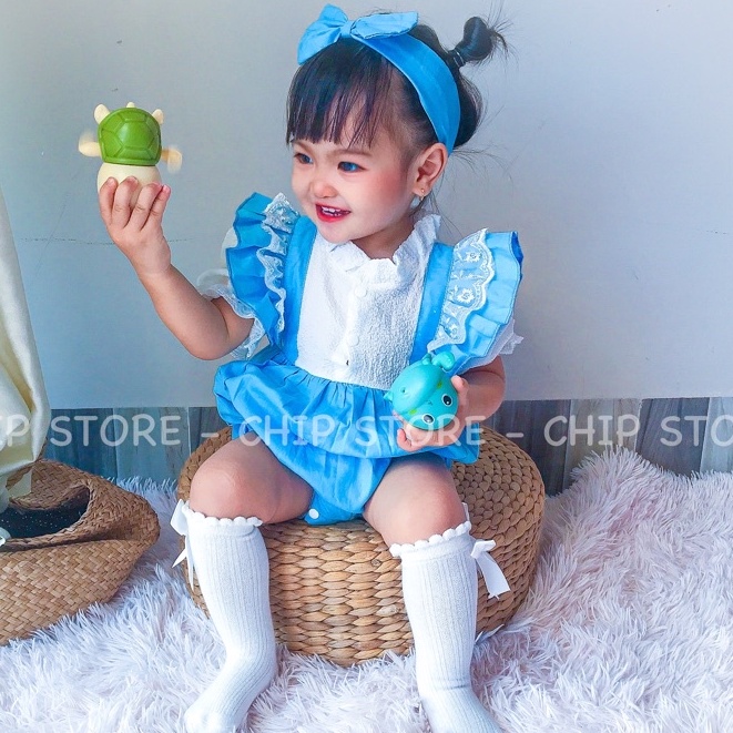 Body bé gái màu xanh tay phồng xinh xắn vải thô lụa mềm mại cho bé sơ sinh - 1  tuổi CHIP STORE