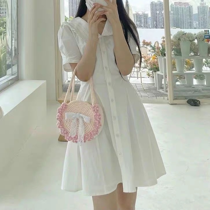 Túi tròn sợi simply cotton, túi len handmade viền hoa nhí vintage CHILLMEOW