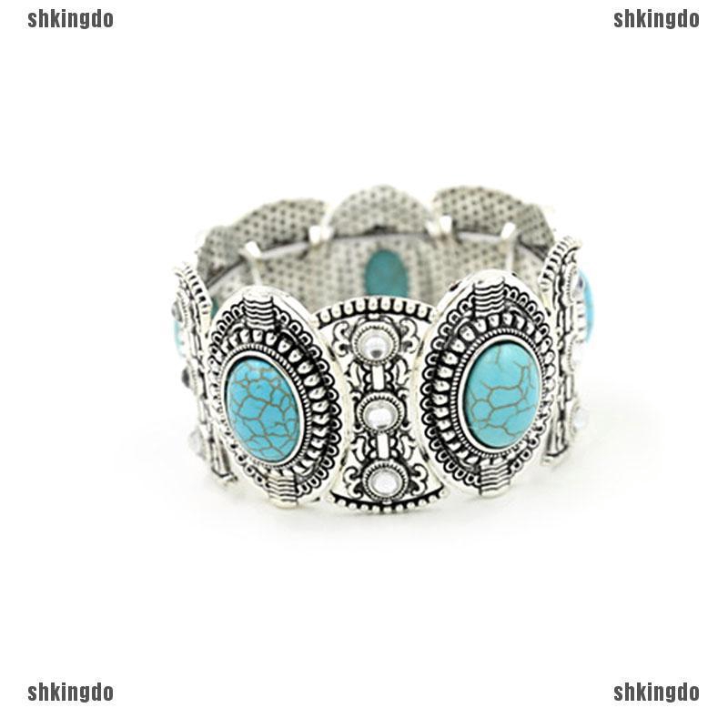 Vòng tay bản lớn đính hạt đá ngọc lam tự nhiên phong cách Boho