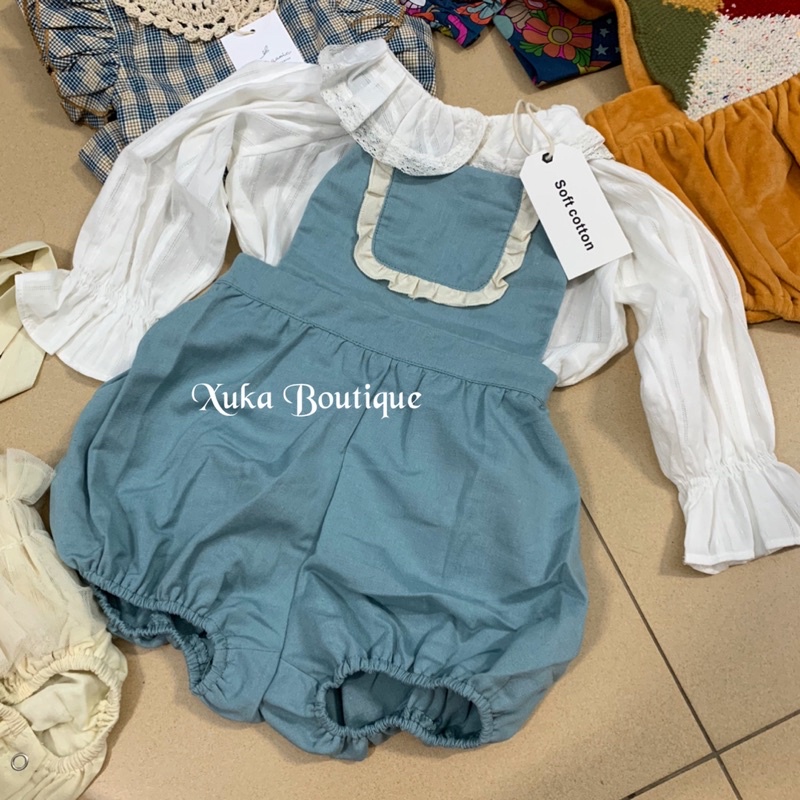 Set yếm vải kèm áo sơ mi trắng Bé Gái cổ tròn Soft Cotton Cao Cấp Sz 80/90/100/110 ( Ảnh thật)