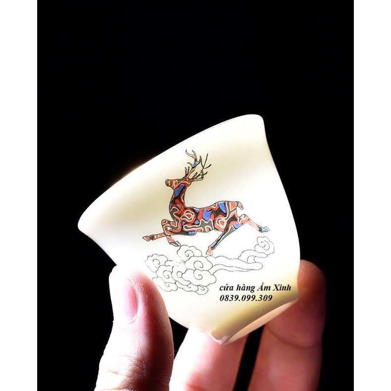 Bộ ấm chén pha trà bằng thủy tinh và sứ vẽ họa tiết hươu vàng (Có kèm túi du lịch chống va đập)