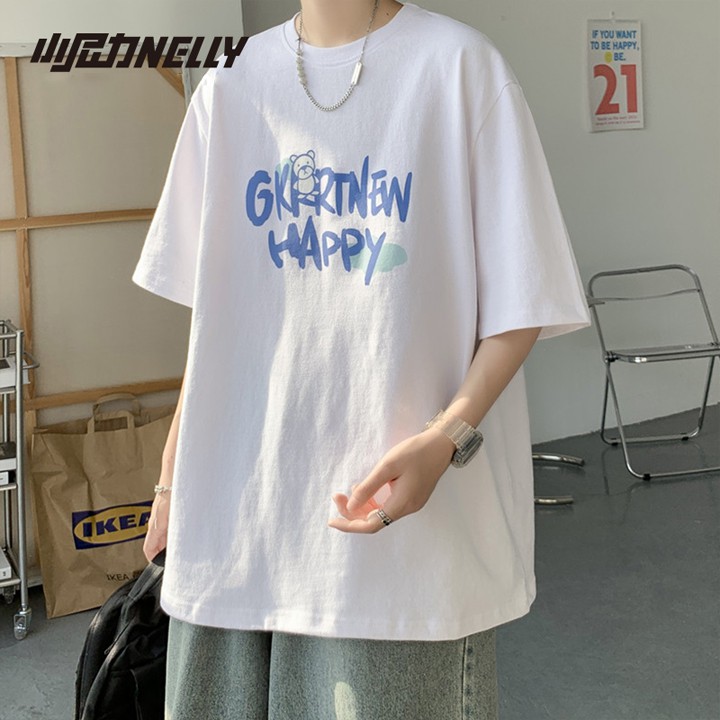 Áo thun tay lỡ NELLY unisex cotton form dáng rộng new happy