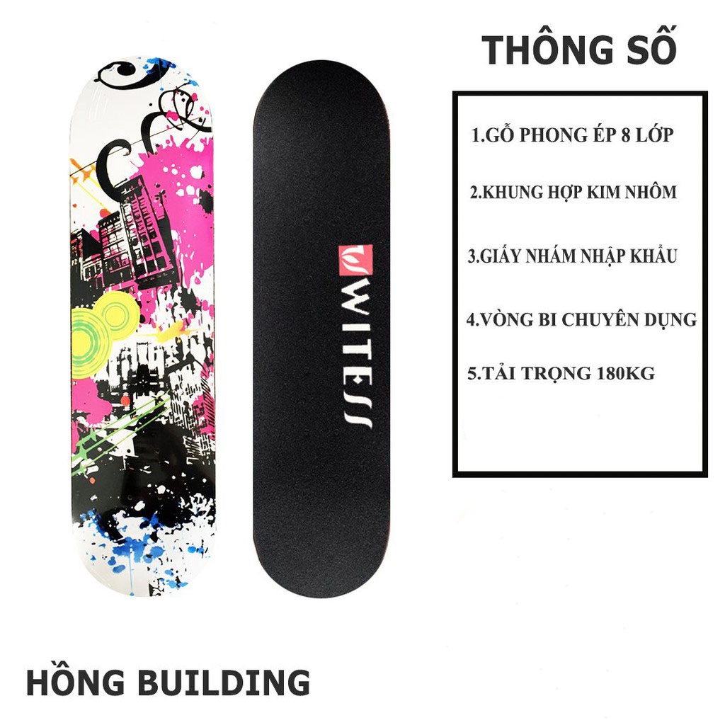 Ván Trượt Thi Đấu Skateboard Mặt Nhám Bánh Cao Su Đúc Cỡ Lớn 80cm Chịu Lực 120kg