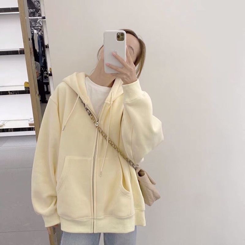 Áo khoác nỉ mỏng vàng nhạt Hoodie zip pastel basic dễ thương