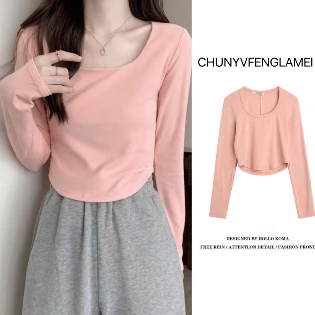 Áo Thun Tay Dài Cổ Chữ U Màu Trơn Đơn Giản Thời Trang Xuân Thu Dành Cho Bạn Gái