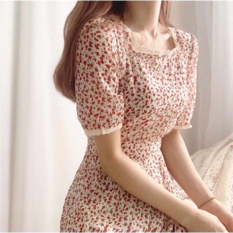 Váy đầm nữ hoa nhí tiểu thư có dây đai eo tôn dáng ulzzang Hàn Quốc