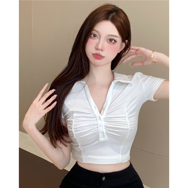 QKOOLE  Áo crop top Tay Ngắn Trễ Vai Cổ Chữ V Họa Tiết Kẻ Sọc Phong Cách Hàn Quốc Quyến Rũ Dành Cho Nữ