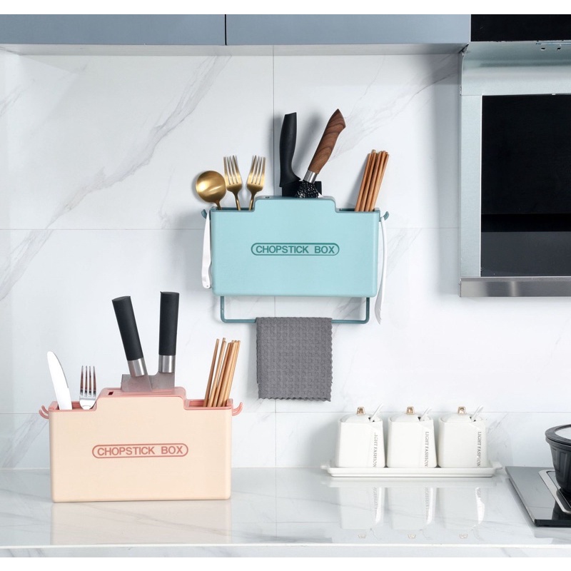 Kệ đựng muỗng đũa dán tường nhà bếp thông minh mẫu mới siêu xịn có ngăn vắt dao, thanh treo khăn, kèm móc treo phụ kiện