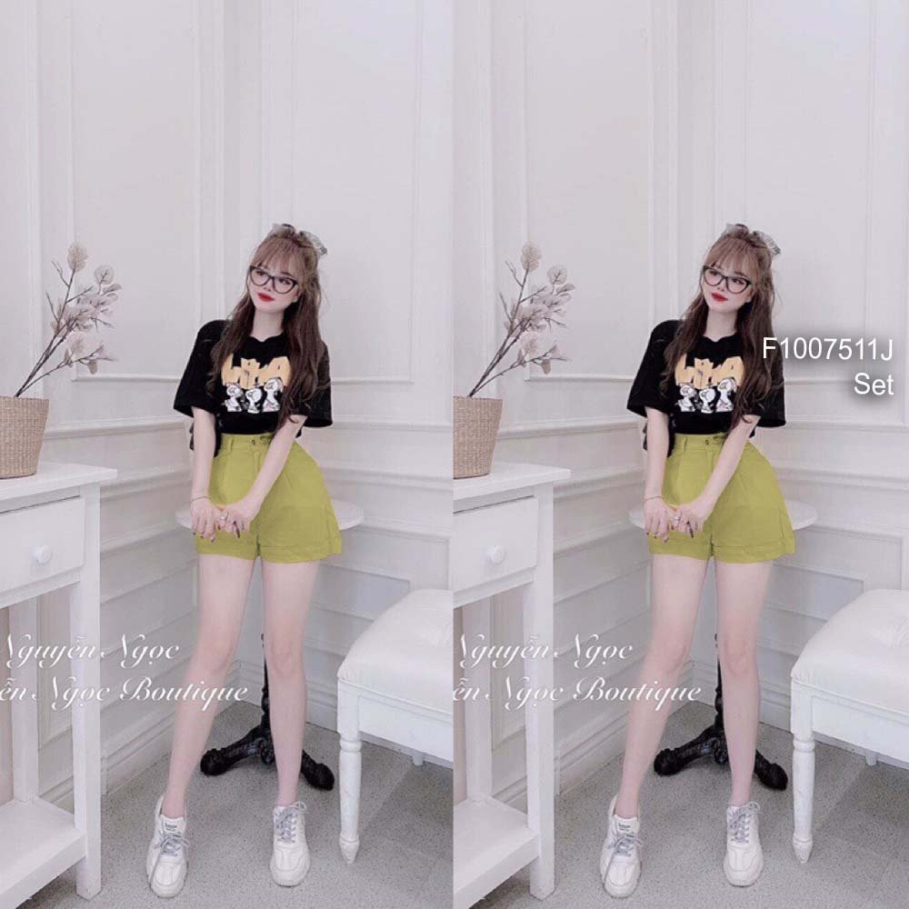 Set bộ áo thun hoạt hình tay con phối quần short họa tiết!