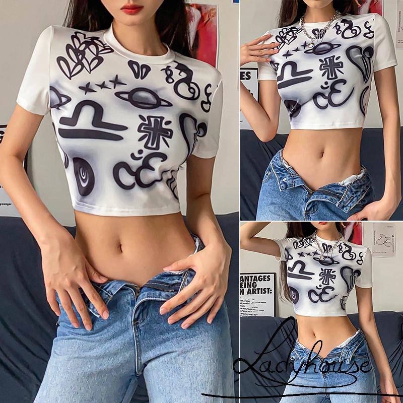Áo Thun Crop Top Nữ Cổ Tròn Tay Ngắn In Họa Tiết Graffiti Dễ Thương