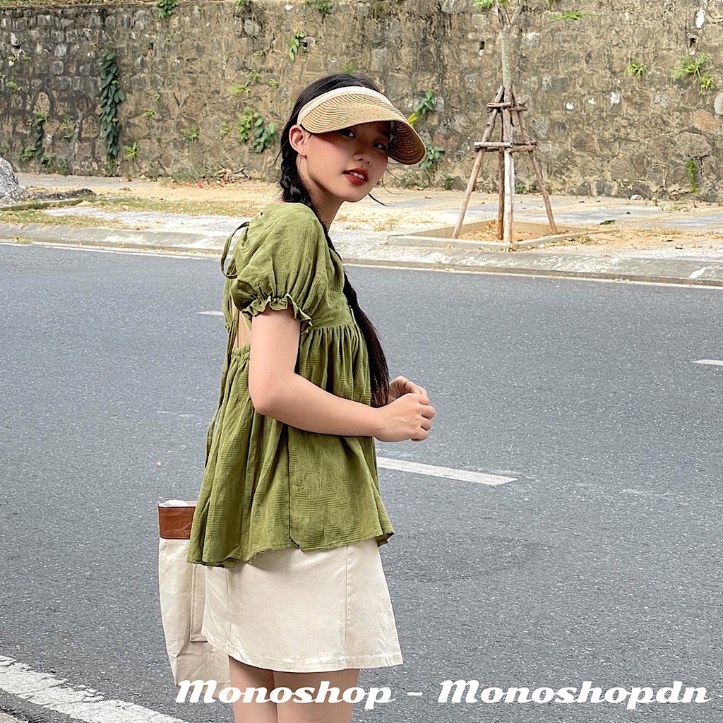 Áo babydoll bo chun tay phồng cột nơ sau hở lưng Ảnh thật/ sẵn