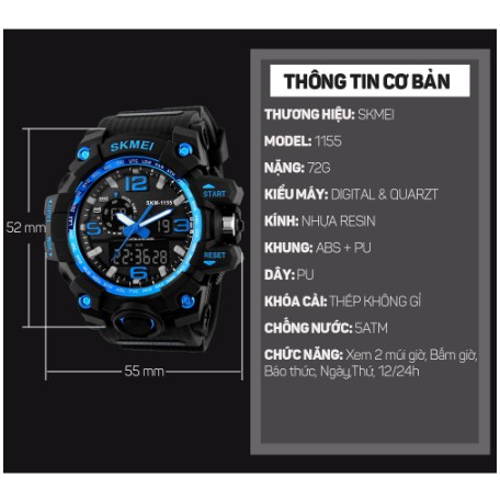 Đồng hồ điện tử unisex Skmei 1155 Dual Time đẳng cấp thể thao quân đội- Xanh lam