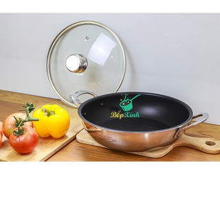 Chảo chống dính inox 304 cao cấp Fivestar Plus 2 quai có nắp kính size 18cm | 22cm | 26cm |28cm  , dùng được mọi bếp
