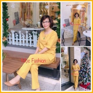 Bộ đồ áo vàng quần vàng [ Hàng thiết kế+CHất linen bột , ảnh khách tặng]