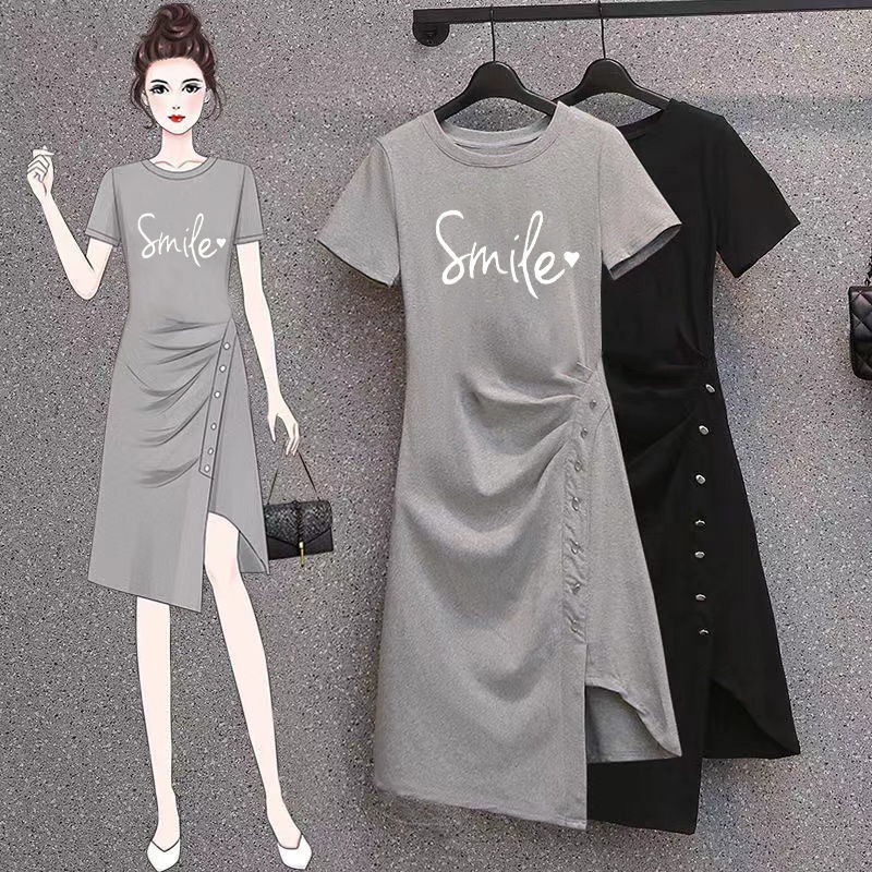 Đầm Thun Cotton Tay Ngắn Dáng Rộng Thiết Kế Xẻ Tà Thời Trang Mùa Hè Cho Nữ