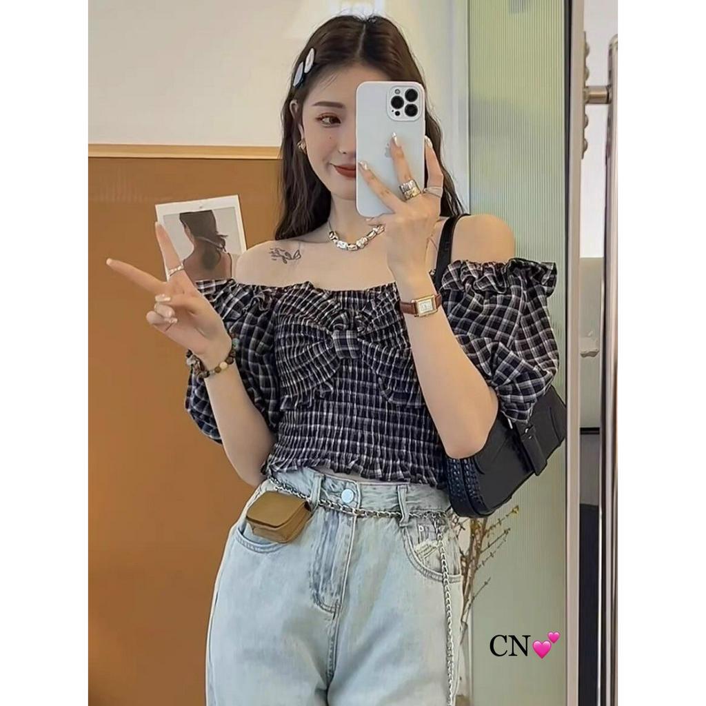 Áo kẻ chun trễ vai nơ ngực Hàng QC