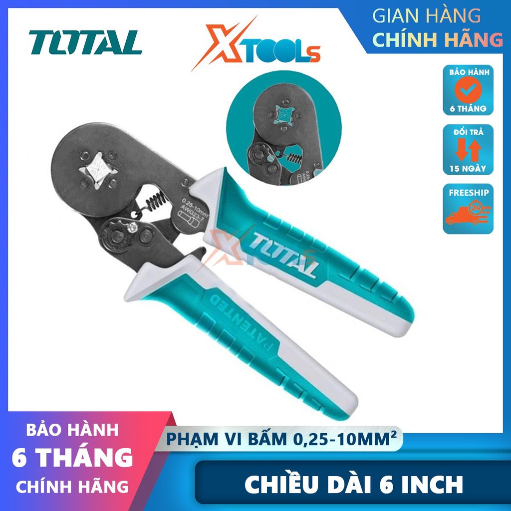 Kềm bấm cos 6'' TOTAL THCPG2510, kìm bấm cos đầu dây cách điện AWG23-7, phạm vi bấm: 0.25-10mm² [CHÍNH HÃNG][XTOOLS]