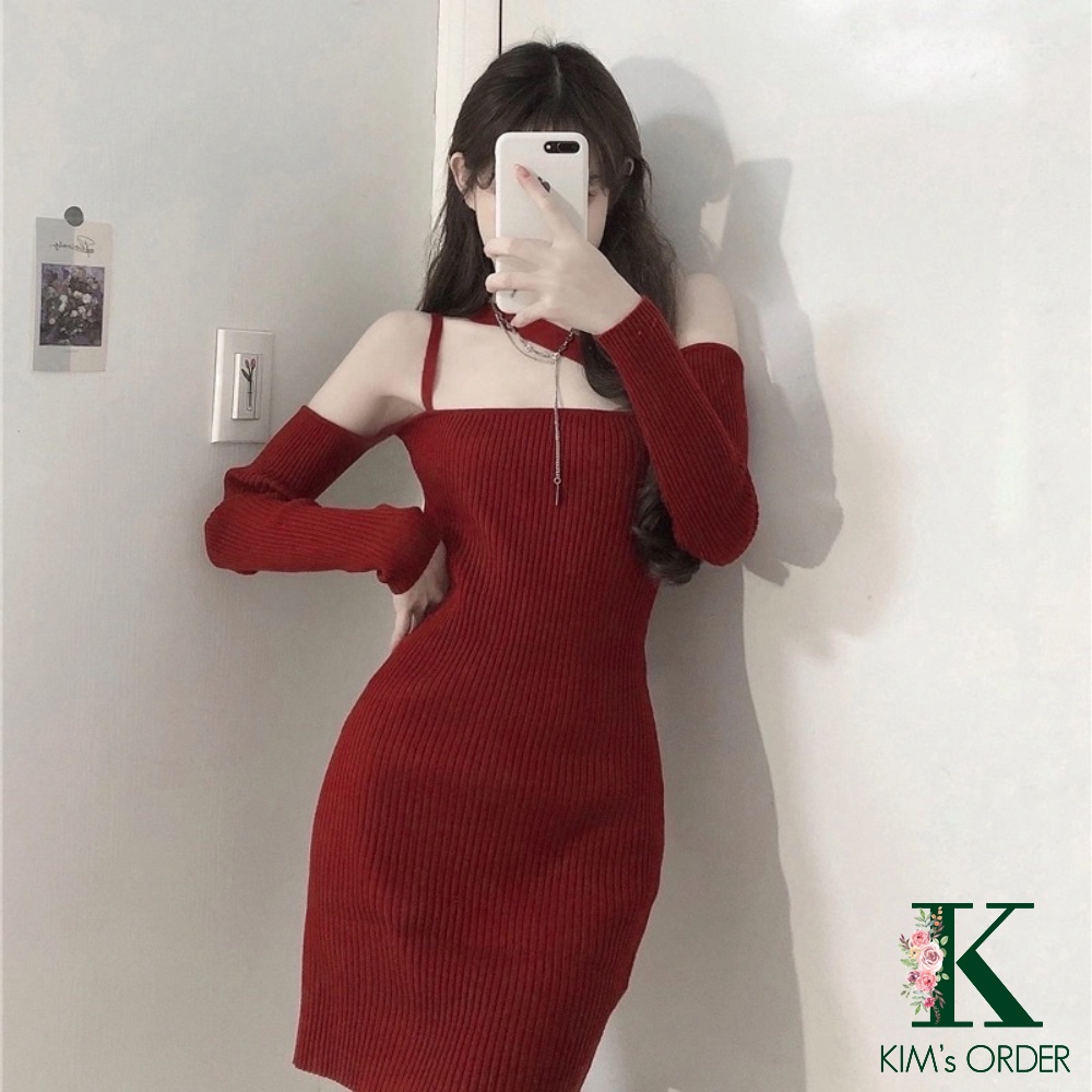 Đầm len nữ màu đỏ dáng body ôm sát, váy hai dây len cổ thuyền dài tay trễ hở vai đi Noel giáng sinh đi tiệc đi bar sexy