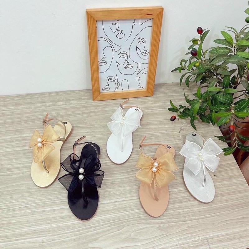 Giày Sandal Bệt Nữ kẹp quai T Đính Nơ Ngọc Hottrend HALEY STORE