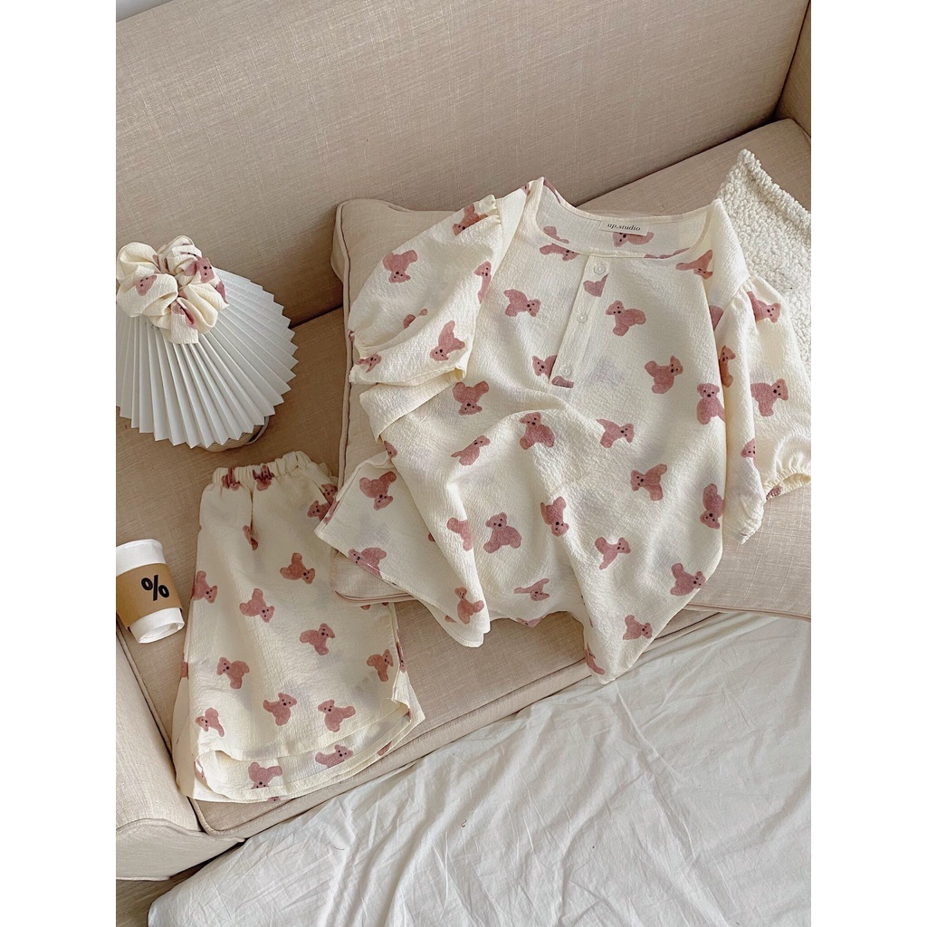 [Ảnh thật/Sẵn] Bộ đồ mặc nhà pijama chất đũi xốp họa tiết kèm chun