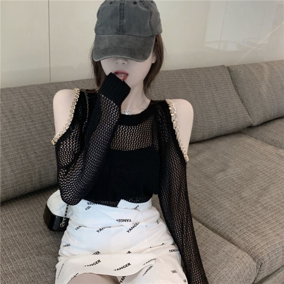 Áo lưới khoét rỗng mỏng dài tay hở vai phong cách thời trang mùa hè thu chống nắng cho nữ