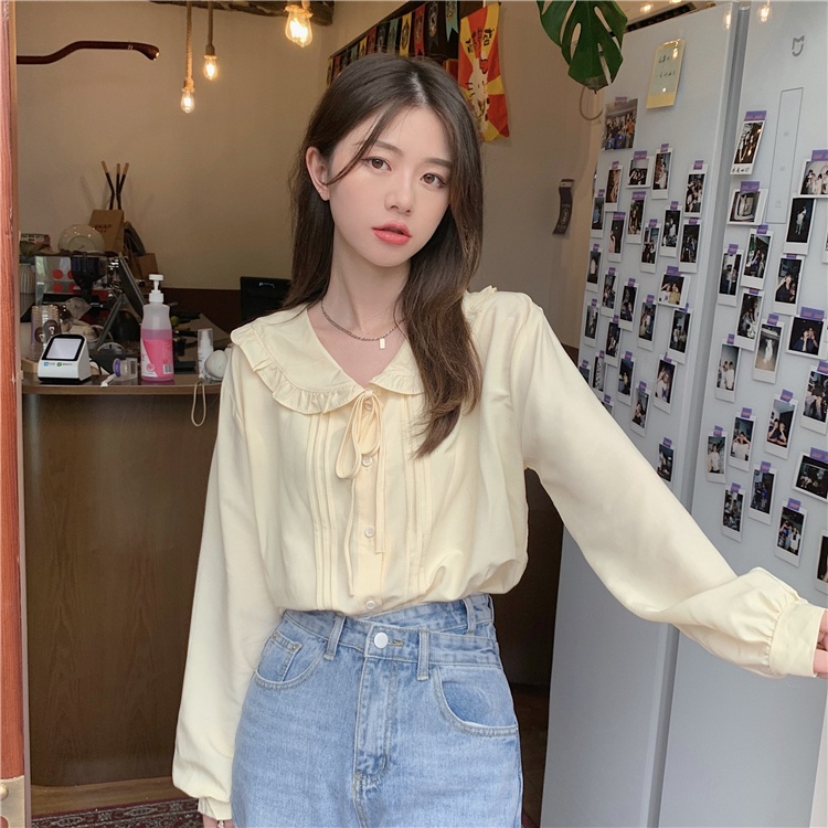 SUXI Áo Sơ Mi Tay Dài Cổ Búp Bê Màu Sắc Trơn Phong Cách Hàn Quốc Cổ Điển Thời Trang Cho Nữ