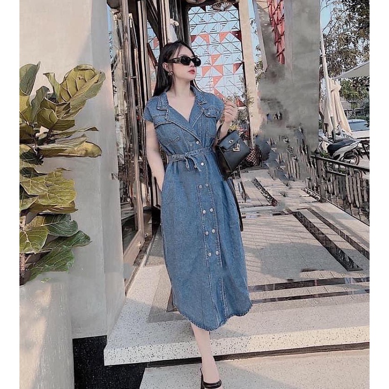 Váy jean bò nữ Đầm sát nách Đầm jean dáng dài đi chơi đi biển