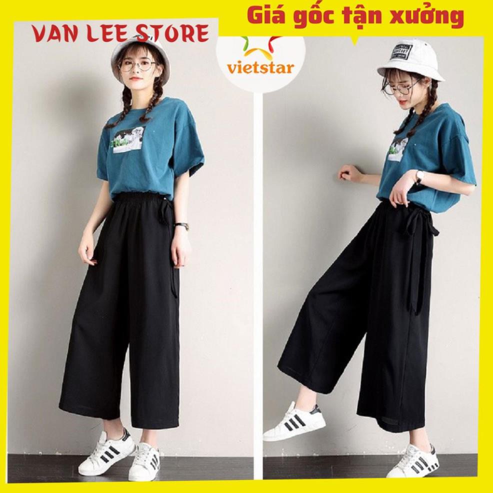 Quần ống rộng lửng nữ cạp chun VIETSTAR quần lửng baggy màu đen vải thun co giãn học sinh buộc nơ eo