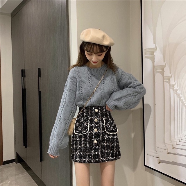 Chân Váy Dạ Chữ A Kẻ Viền Thừng Thời Trang