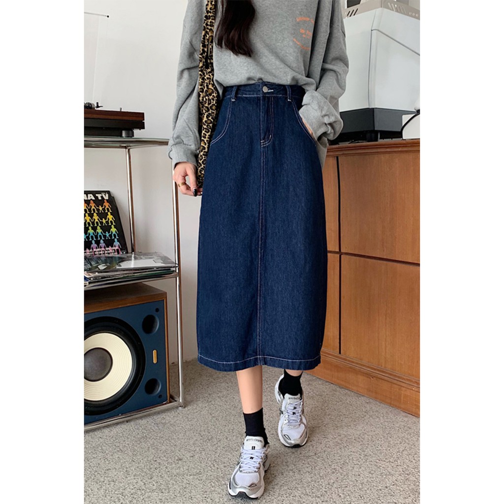 Chân váy bò denim cạp cao dáng dài vintage nhẹ nhàng Hàn Quốc