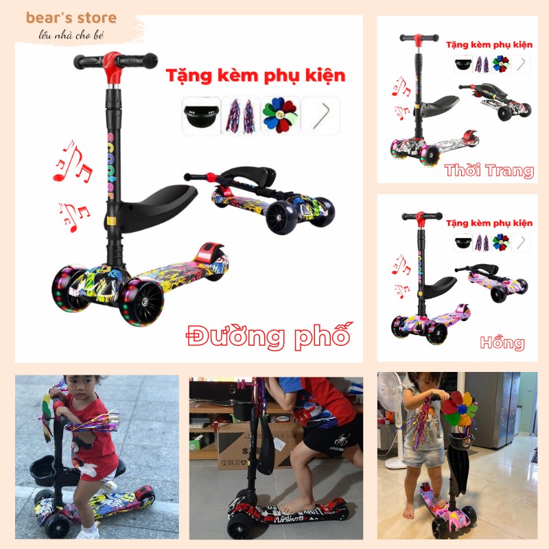 Xe trượt scooter cho bé GRAFFITI 3 bánh xe lớn có đèn nhạc phù hợp bé từ 2-14 tuổi (Tặng ghế ngồi + full phụ kện)