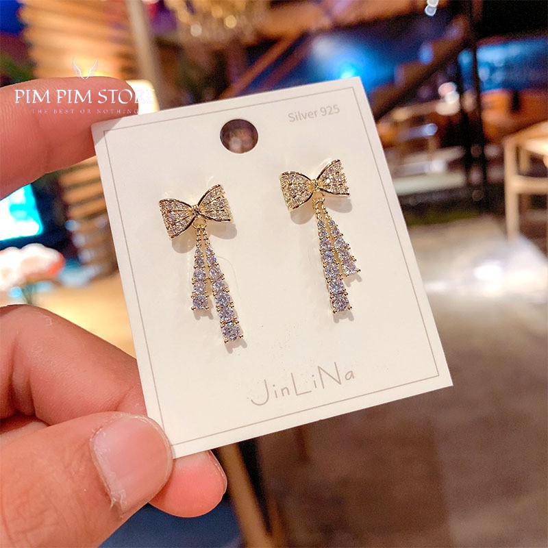 Bông tai nữ Hàn Quốc hình chiếc nơ đính đá thiết kế trẻ trung cá tính phụ kiện thời trang giá rẻ