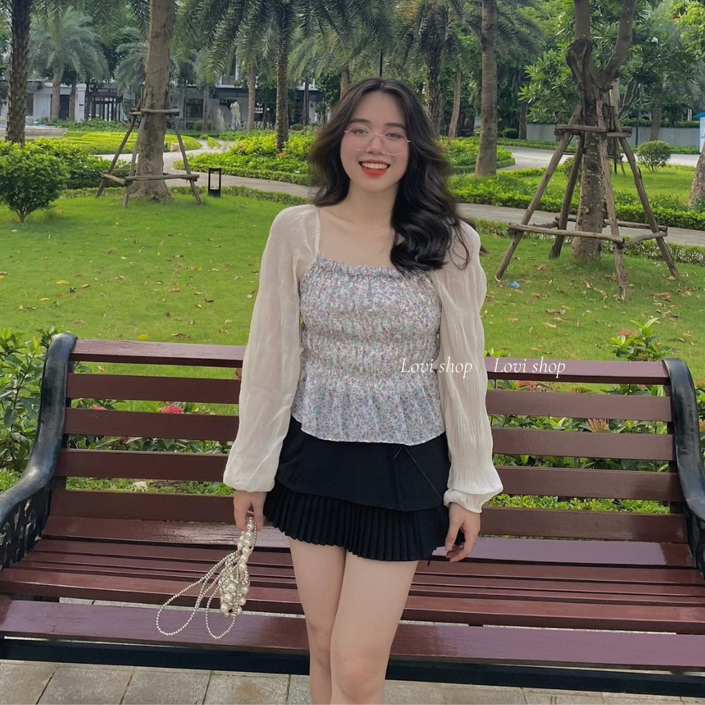 LOVI SHOP - Áo kiểu hoa nhí nhún phối tay voan dài tiểu thư xinh xắn nhiều màu  nhà LOVI