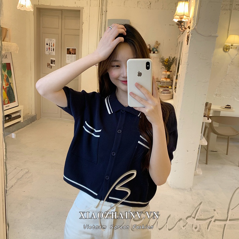 Áo Croptop Dệt Kim Tay Ngắn Cổ Polo Phong Cách Retro Hàn Quốc Thời Trang Cho Nữ Có 3 Màu Lựa Chọn | BigBuy360 - bigbuy360.vn